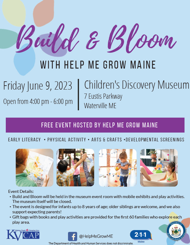 Advertisement for Build and Bloom event at Children's Discovery Museum in Waterville.